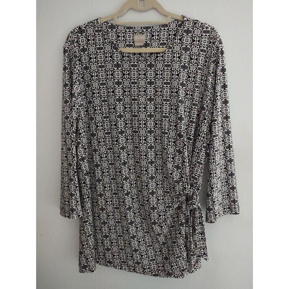 Chico’s Size 4/XXL/20 Black White Geometric Floral Side Tie 3/4 Sleeve